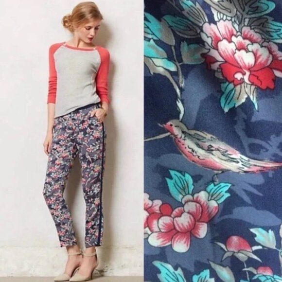 Elevenses | Anthropologie Floral Bird Tapered Tuxedo Ankle Trouser Pants | 6 - Picture 1 of 14